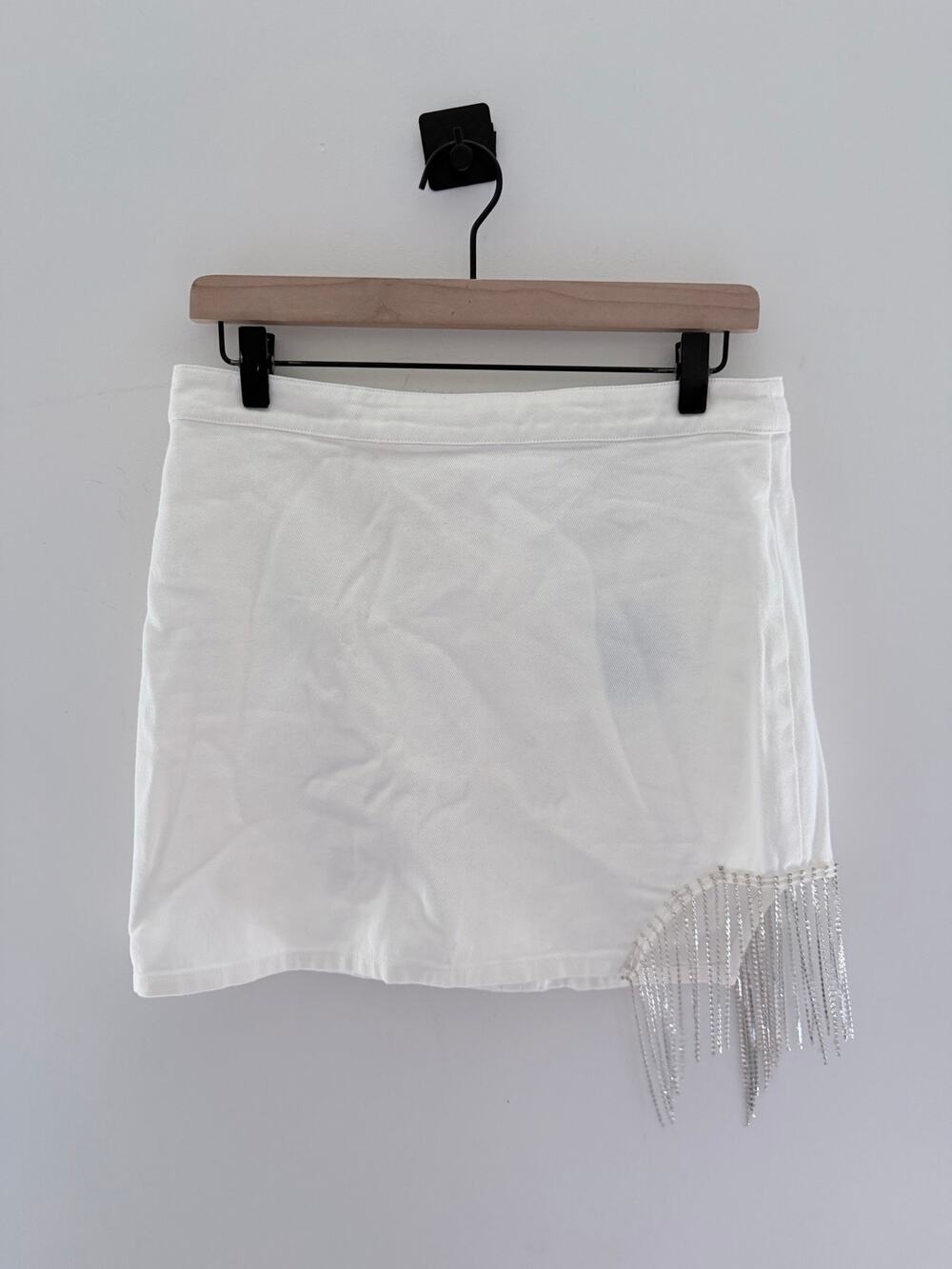 NWT Cloud Ten White Denim Rhinestone Fringe Western Bridal Mini Skirt-Size Large